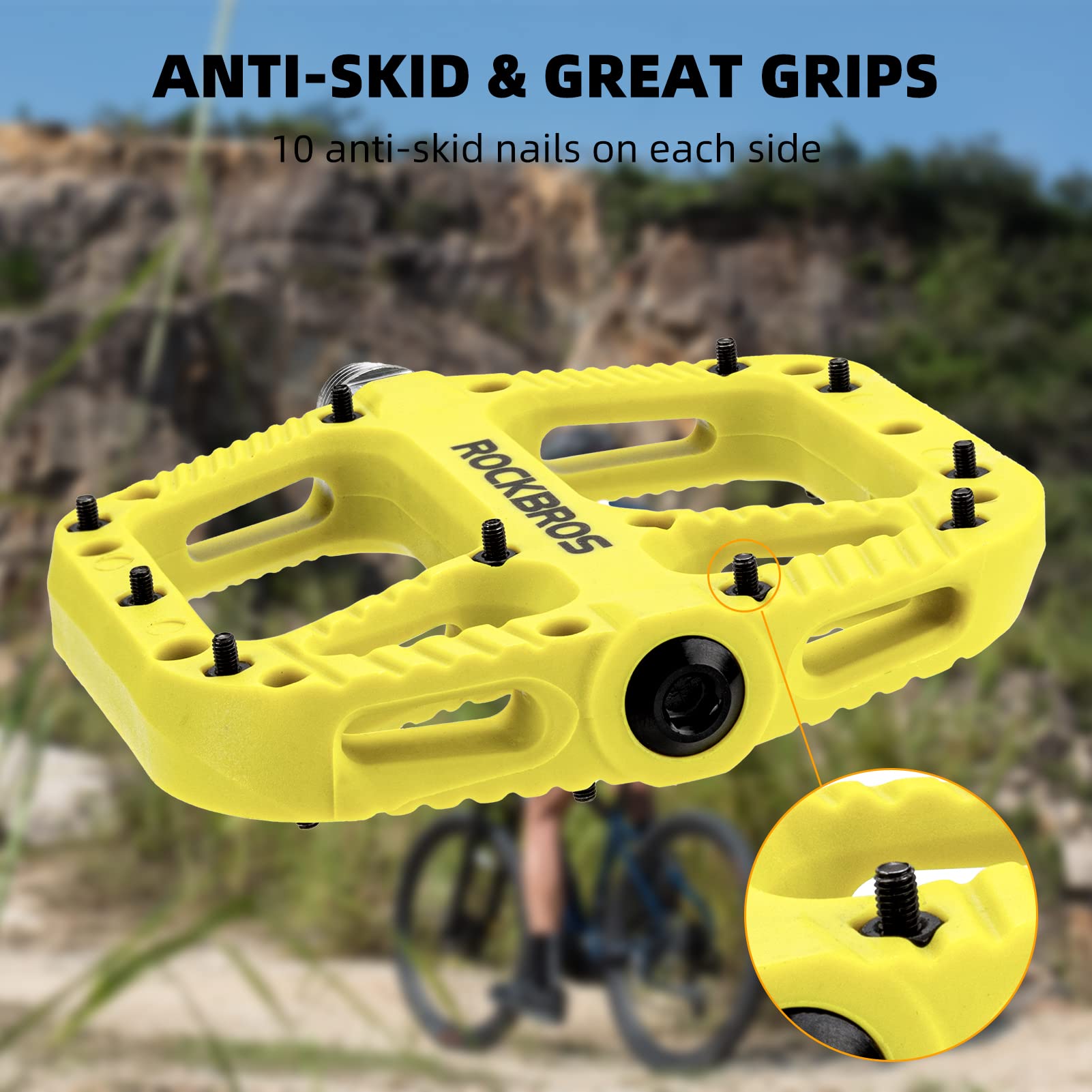 ROCKBROS Mountain Bike Pedals Nylon Composite Bearing 9/16" MTB Bicycle Pedals with Wide Flat Platform - ROCKBROS