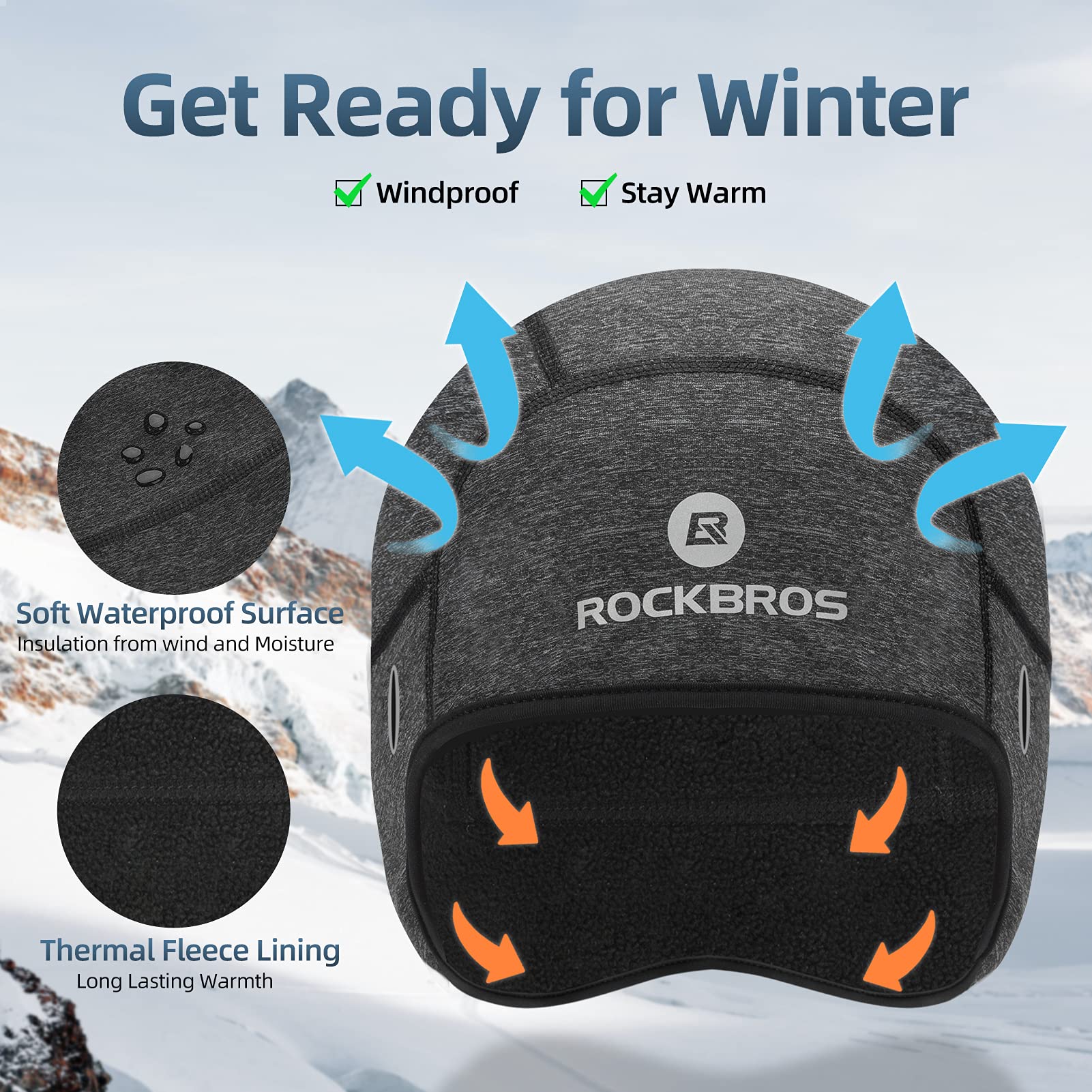 ROCKBROS Winter Skull Cap Helmet Liner, Thermal Cycling Beanie with Glasses Holes