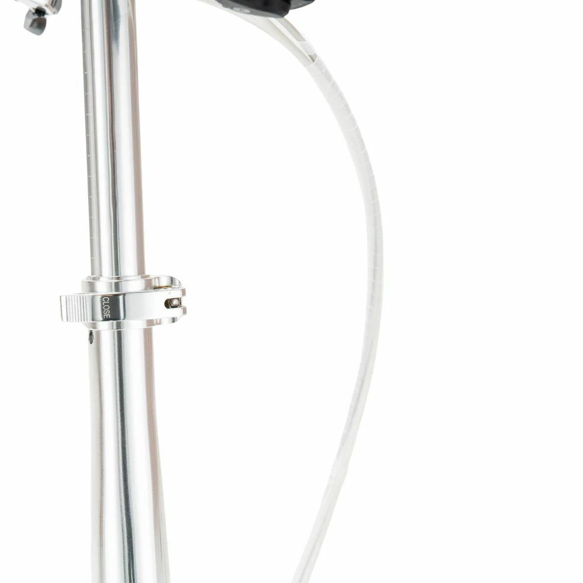 Chrome shower head with flexible hose on a white background