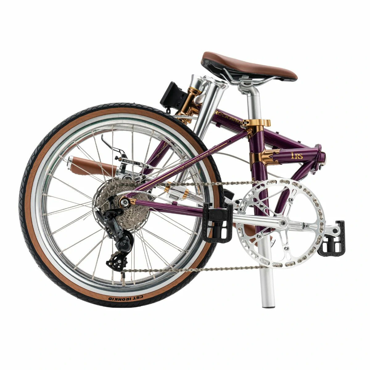Foldable bicycle with purple frame and brown seat on a white background #Color_Purple