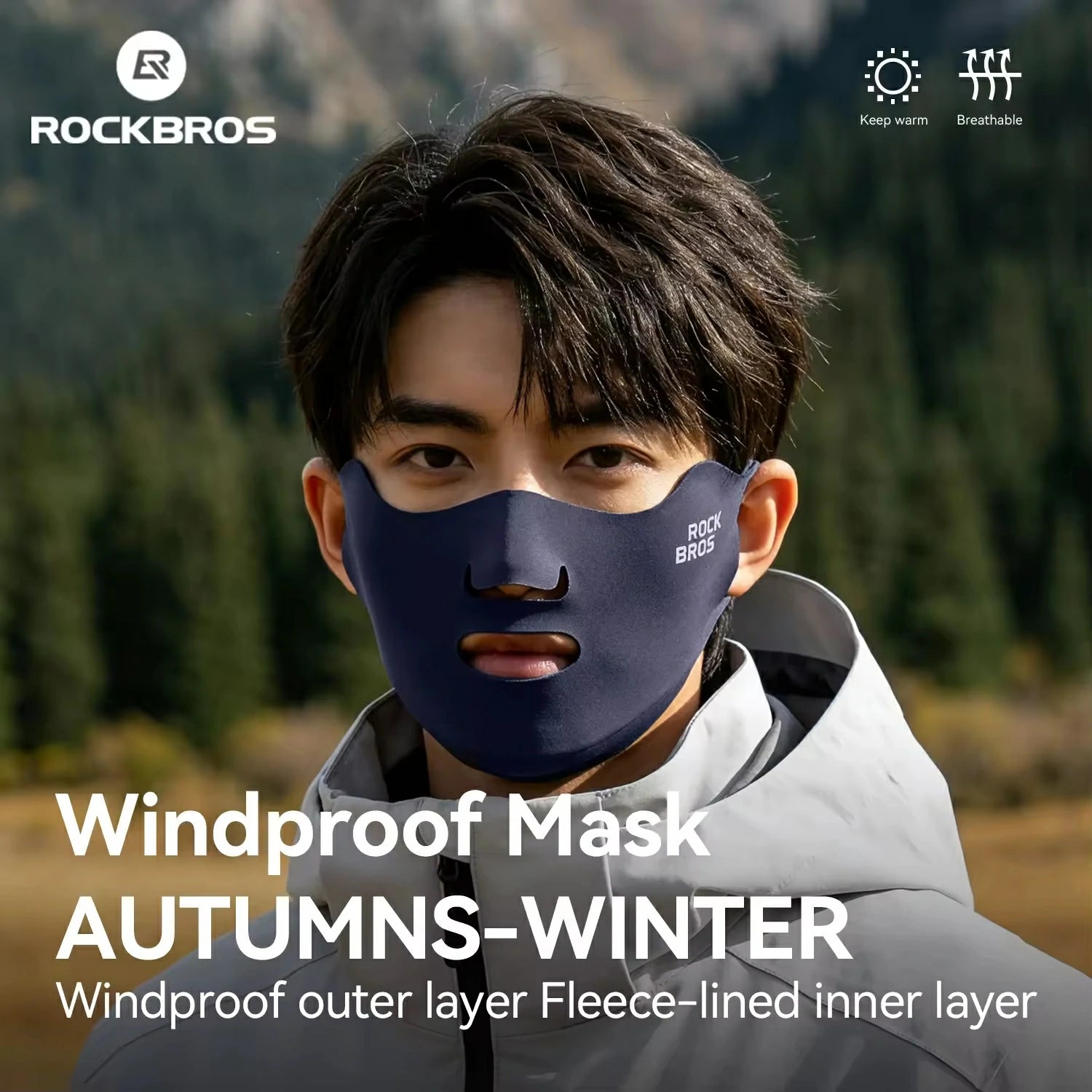 Person wearing a windproof mask with a mountainous background, featuring the brand 'RockBros'.