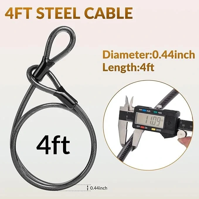 A coiled 4-foot steel cable lock with a black metal gate clasp, shown on a light beige background with text indicating its dimensions and a circular inset showing a digital caliper measuring the cable diameter. #Color_Lock+Cable