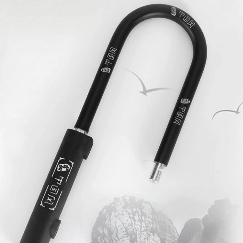 A black metal bicycle lock with white branding and technical markings, shown diagonally against a light gray background with faint bird and rock silhouettes.