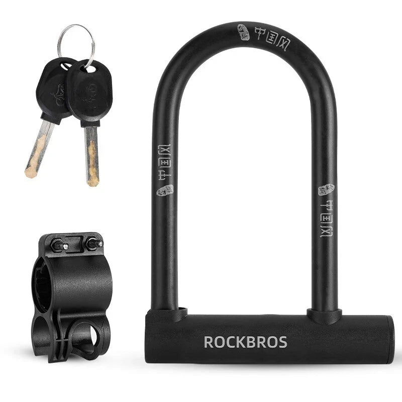 Black U-shaped bike lock with keys and mounting bracket on a white background, featuring the brand 'RockBros'. #Color_Only Lock