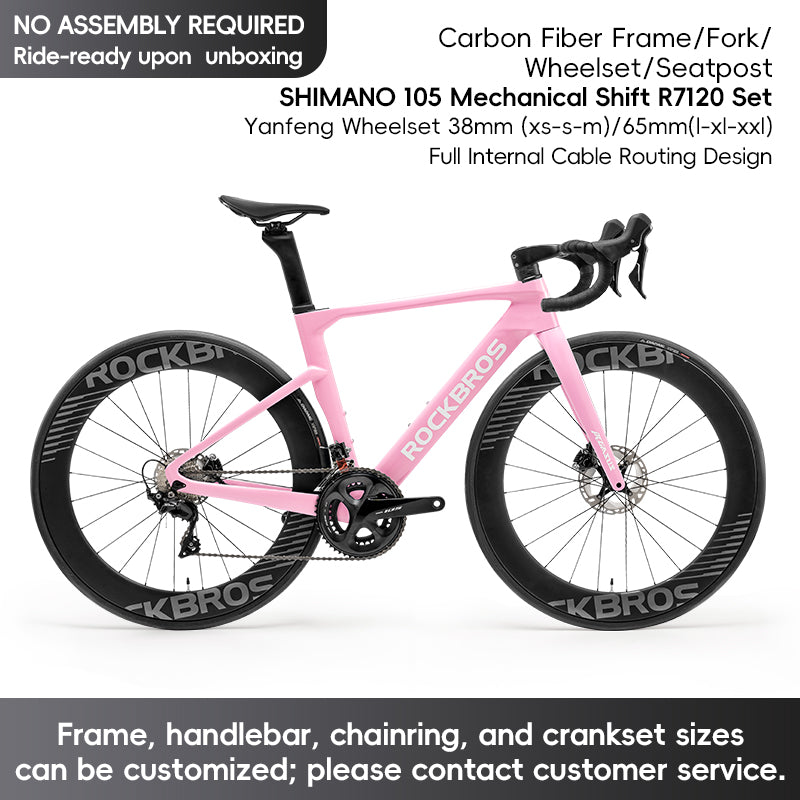 ROCKBROS T700 Carbon Fiber Aerodynamic Road Bike 105 Electronic Shifting Disc Brakes Pink