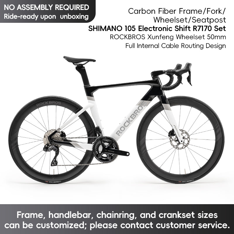ROCKBROS T700 Carbon Fiber Aerodynamic Road Bike 105 Electronic Shifting  Disc Brakes Black silver white