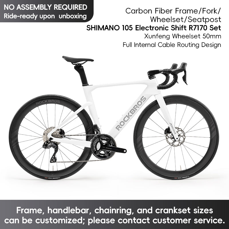 ROCKBROS T700 Carbon Fiber Aerodynamic Road Bike 105 Electronic Shifting Disc Brakes  Black White