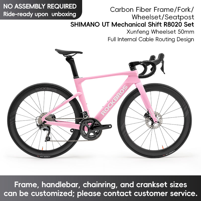 ROCKBROS T700 Carbon Fiber Aerodynamic Road Bike 105 Electronic Shifting Disc Brakes Pink