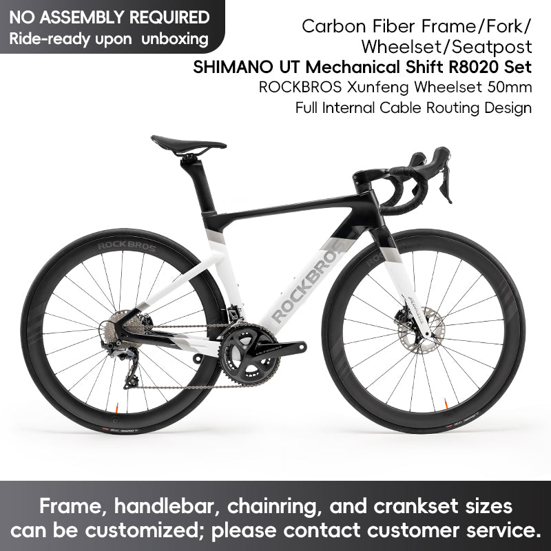 ROCKBROS T700 Carbon Fiber Aerodynamic Road Bike 105 Electronic Shifting  Disc Brakes Black silver white