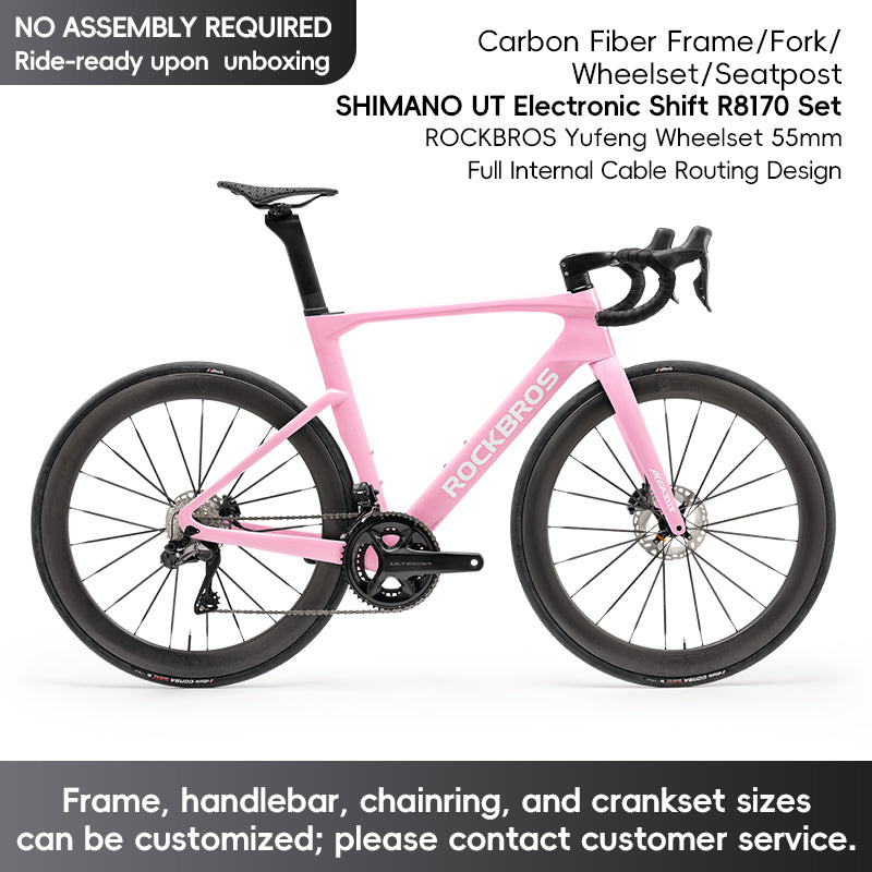ROCKBROS T700 Carbon Fiber Aerodynamic Road Bike 105 Electronic Shifting Disc Brakes Pink