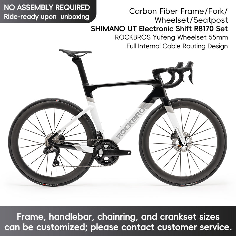 ROCKBROS T700 Carbon Fiber Aerodynamic Road Bike 105 Electronic Shifting  Disc Brakes Black silver white