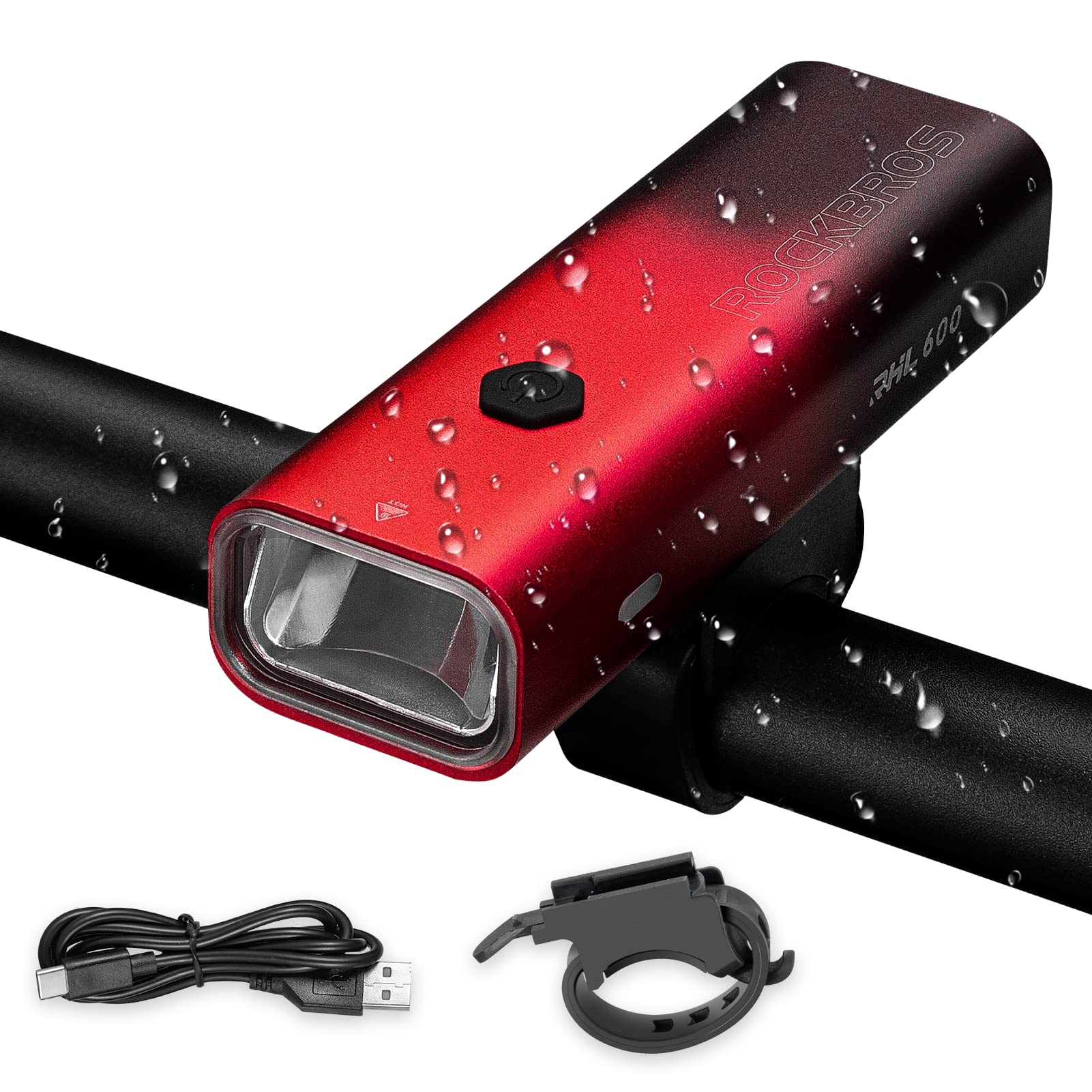 ROCKBROS Bike Light 600 Lumens USB Rechargeable Bike Headlight Super Bright #Color_Red