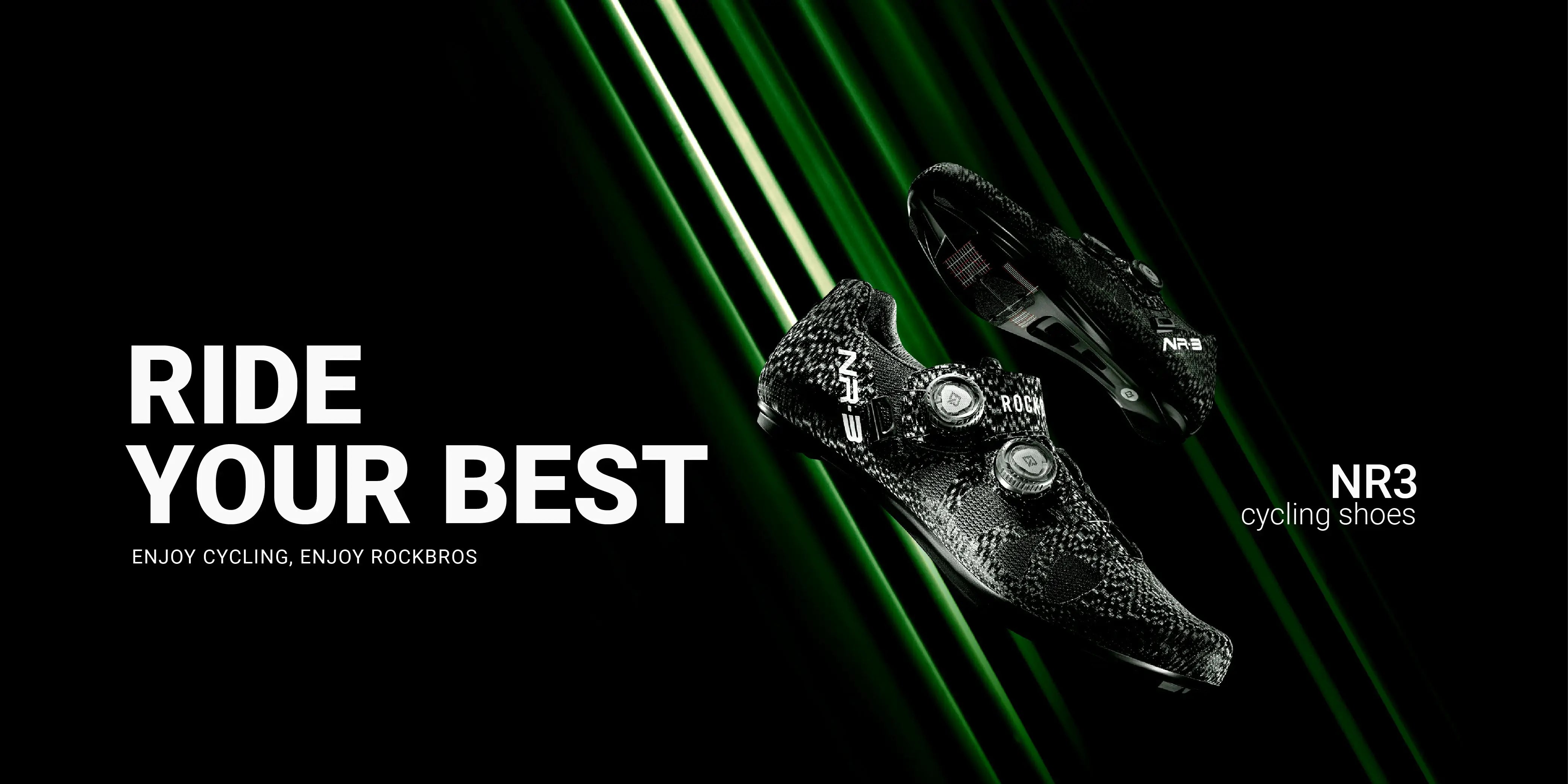 Cycling shoes with 'Ride Your Best' text and brand name on a dark background