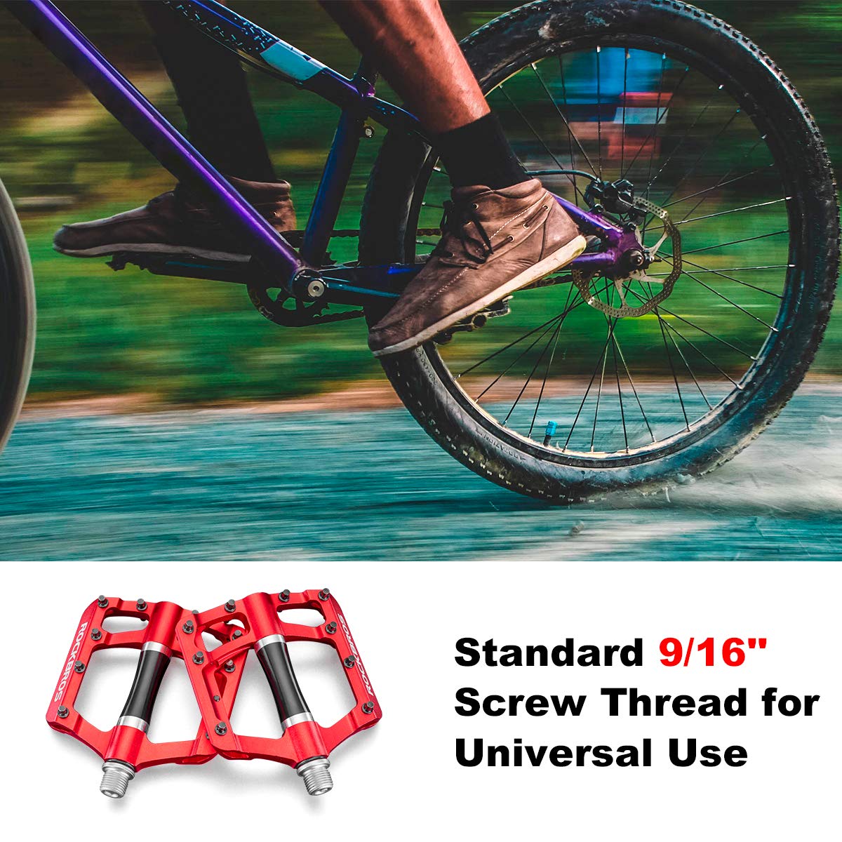 ROCKBROS MTB Pedals Platform Bike Pedal Aluminum 9/16" Bicycle Pedal Non-Slip Lightweight Flat Pedals for BMX Road Mountain Bikes - ROCKBROS