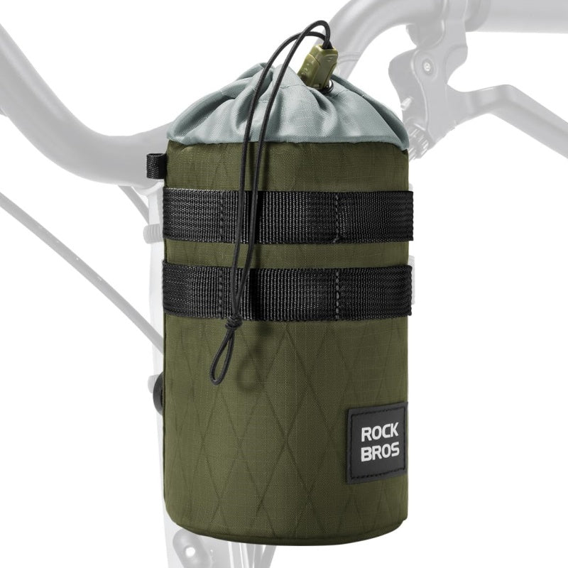 Green bicycle handlebar bag with 'Rock Bros' logo attached to a bike frame.
