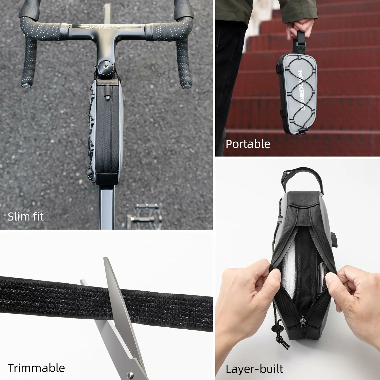 Collage of a bike frame bag with features highlighted.  #color_silver