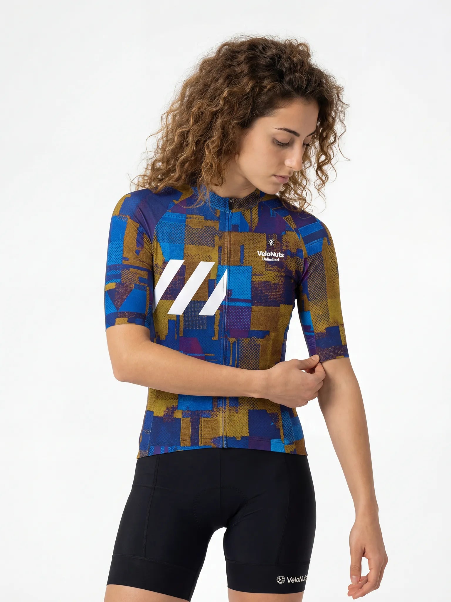 Women's Cycling Jersey Terrain Blocks#Type_Cobalt Rust Blocks