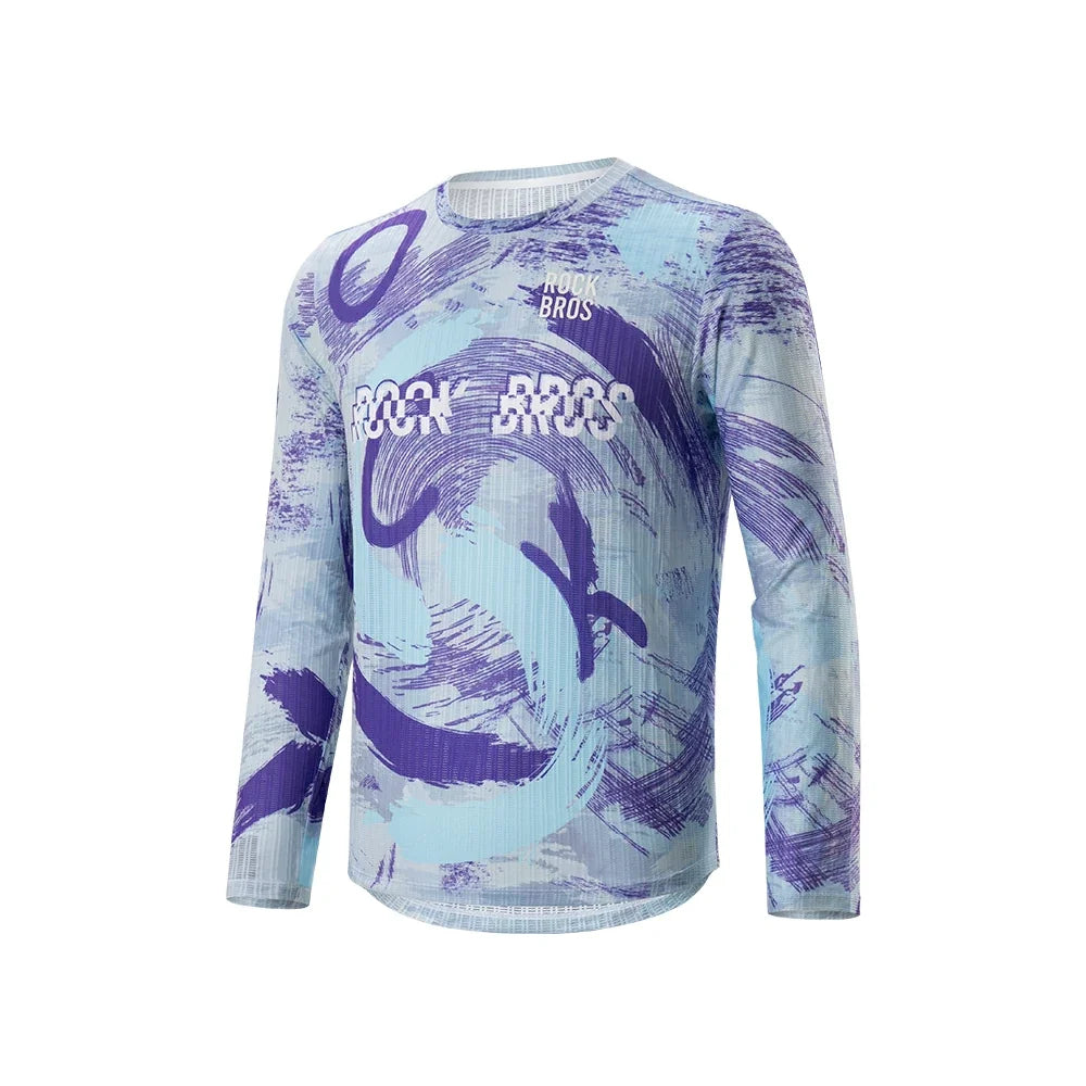 A long-sleeve athletic jersey with a light blue and purple abstract paint-splatter pattern, featuring 'ROCK BROS' printed across the chest and 'THE ROCKBROS' logo on the upper chest. #Color_Purple