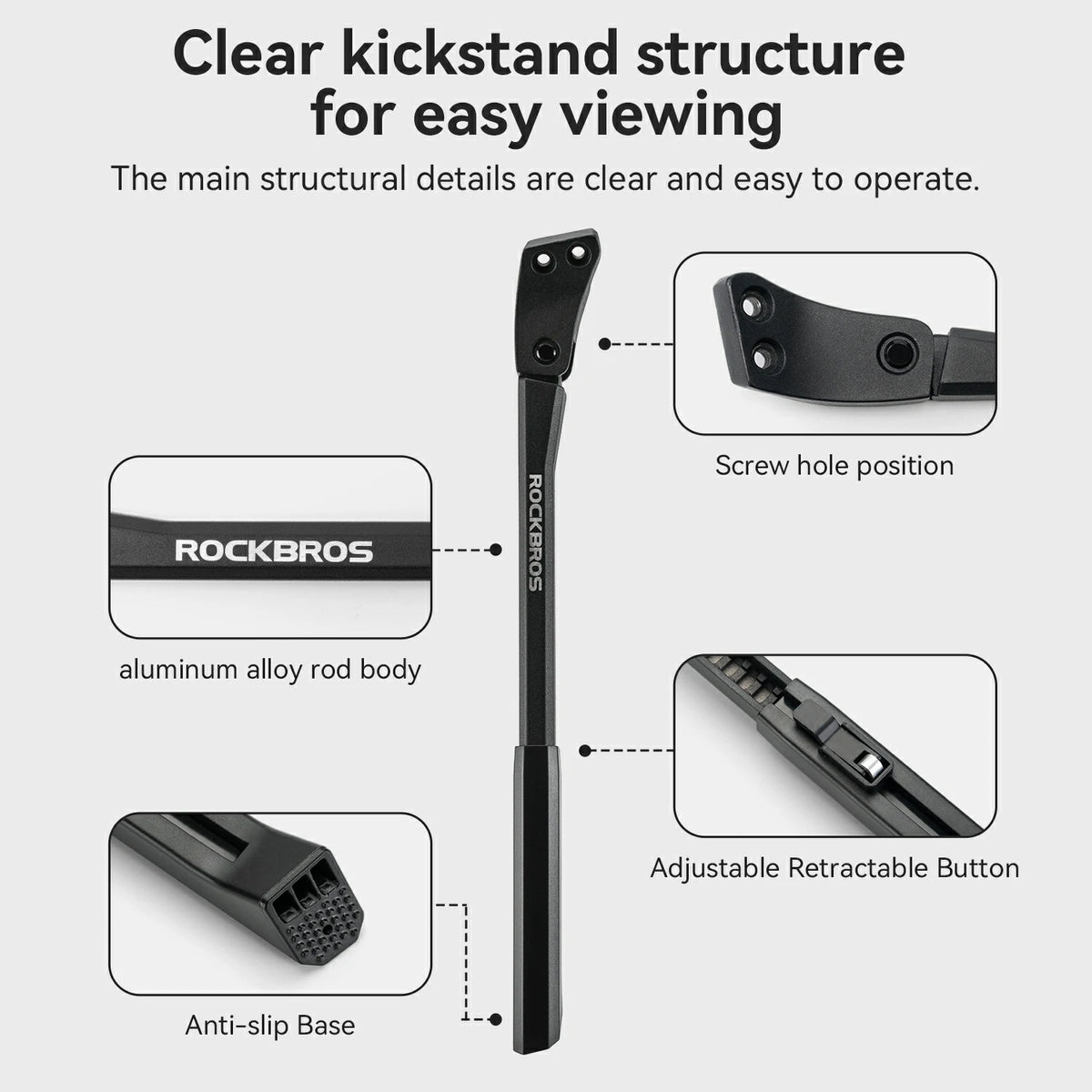 A black Rockbros kickstand shown on a light gray background with callout boxes and text explaining its structure: screw hole position, aluminum alloy rod body, anti-slip base, and adjustable retractable button.