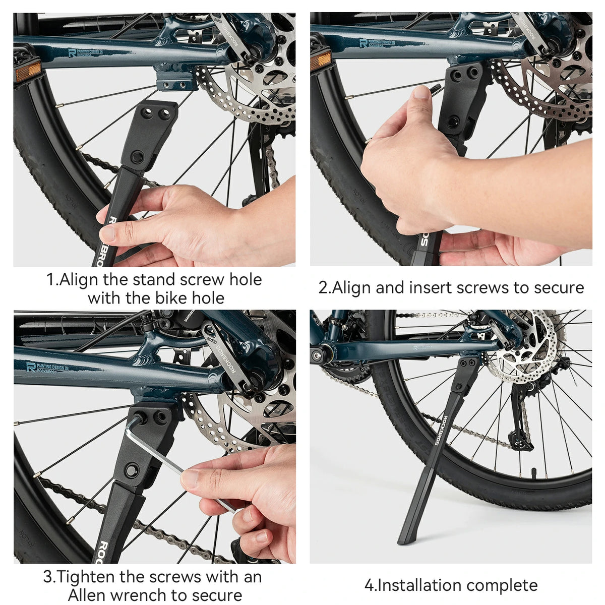 Four-panel instructional graphic showing how to mount a black bicycle kickstand onto a dark blue bike wheel. The steps include aligning the stand screw hole with the bike hole, aligning and inserting screws, tightening with an Allen wrench, and confirming installation is complete.