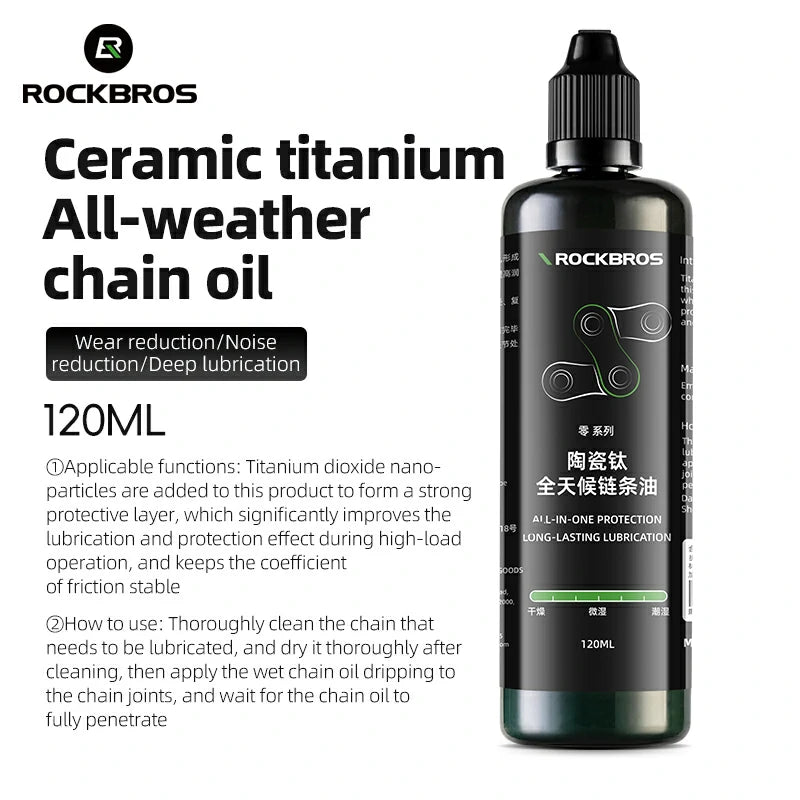 RockBros ceramic titanium chain oil bottle with product details on a white background #Type_All-weather Chain Oil