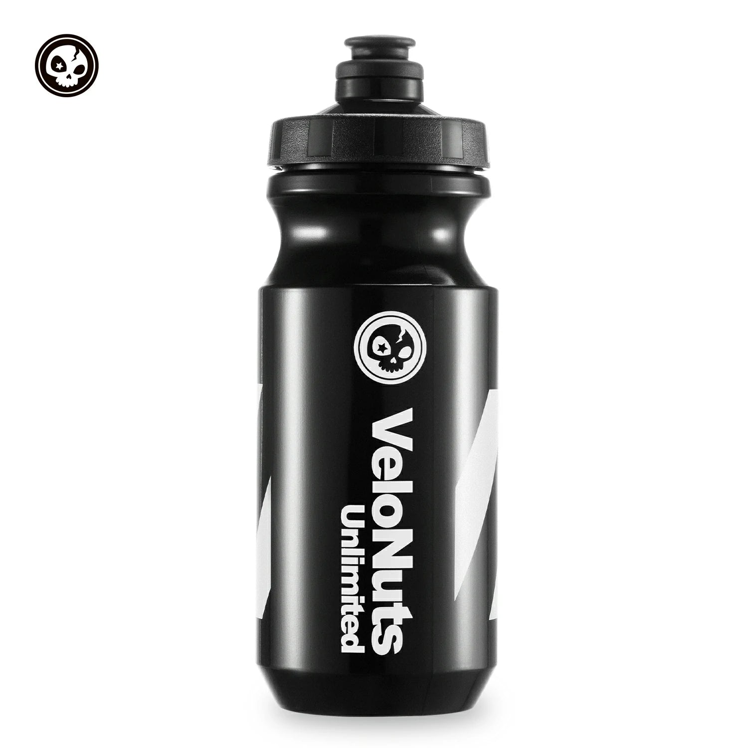 Black water bottle with 'VeloNuts ' branding on a white background