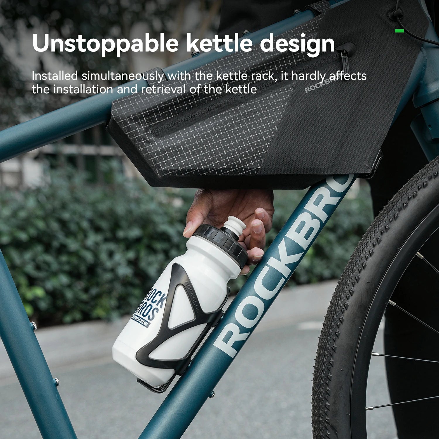 Bicycle with a water bottle holder and 'RockBros' branding, featuring text about an unstoppable kettle design.
