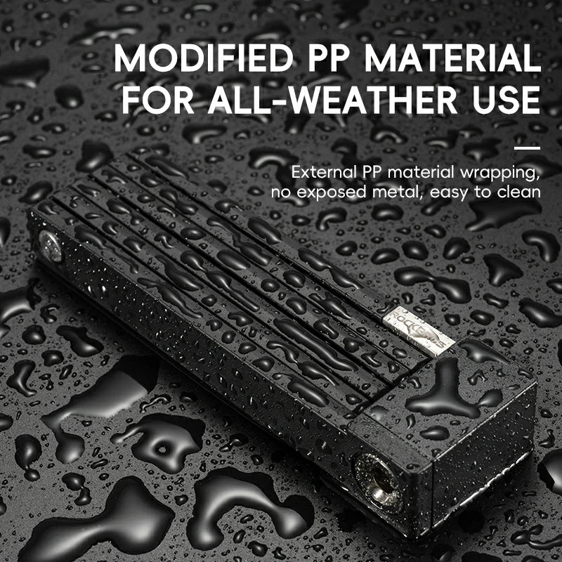 Black lock with 'Modified PP Material for All-Weather Use' text on a wet surface.