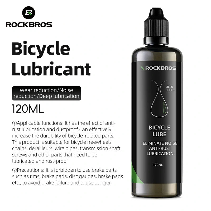 RockBros bicycle lubricant bottle with product details on a white background #Type_Lubricant
