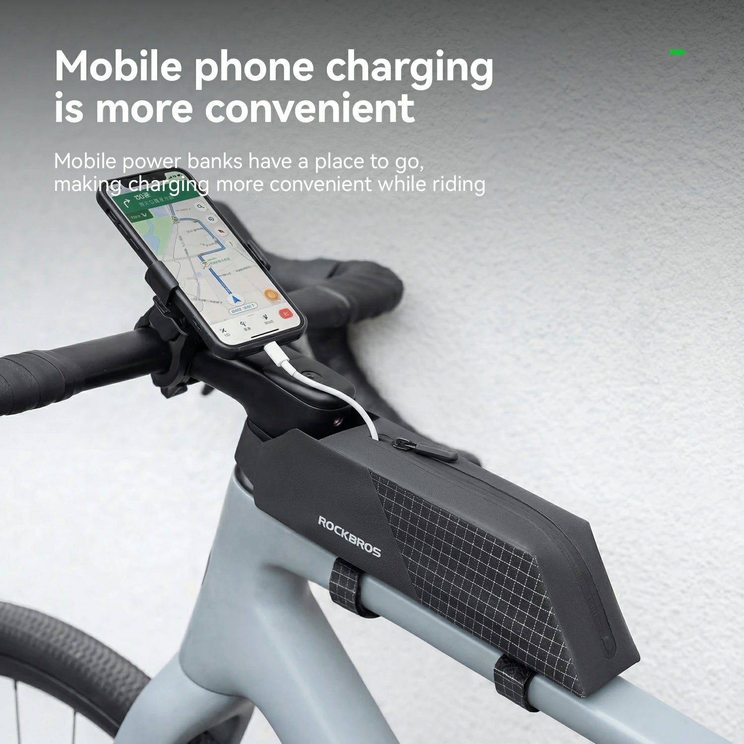 Bicycle handlebar with a phone mount and power bank, featuring the brand 'Rockbros'.