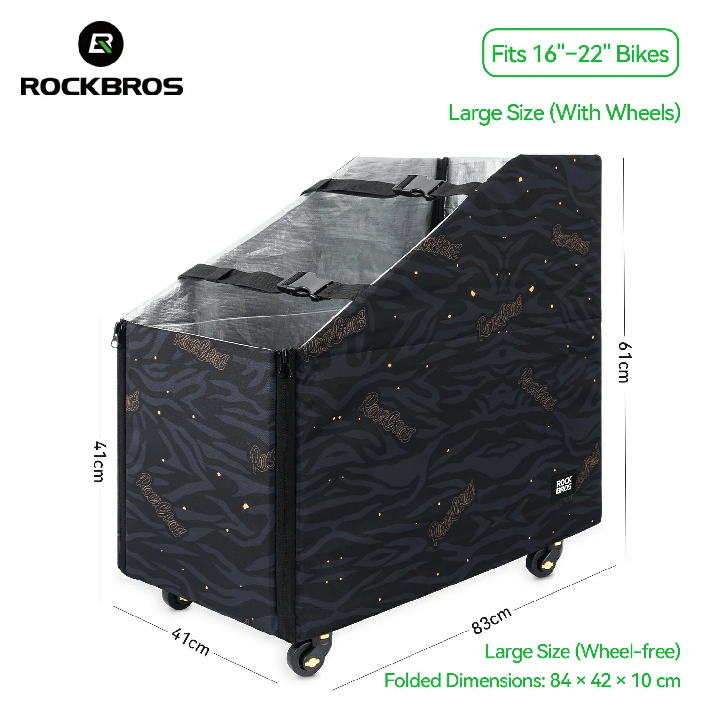 Black bike storage bag with clear window, wheels, and dimensions on a white background, featuring RockBros branding. #Size_Large with wheels