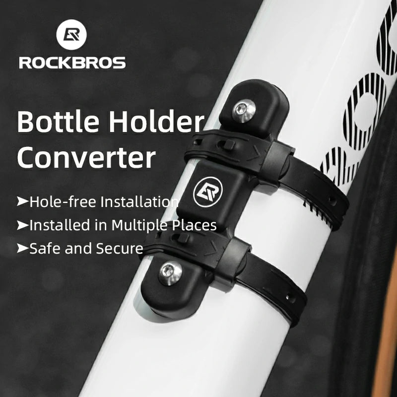 Bottle holder converter attached to a bicycle with RockBros branding.