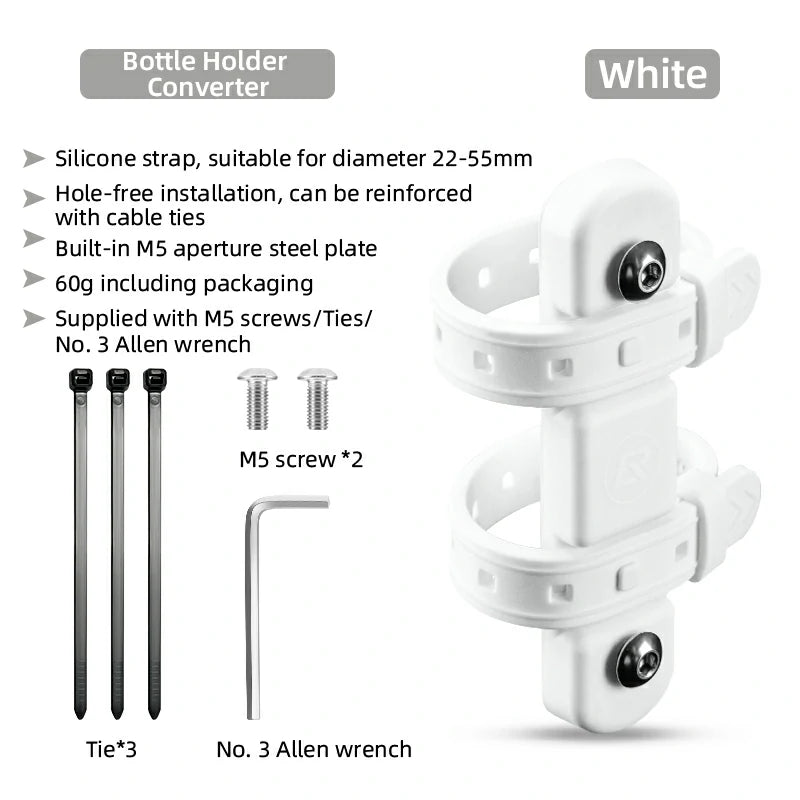 White bottle holder converter with installation details on a white background  #Color_White