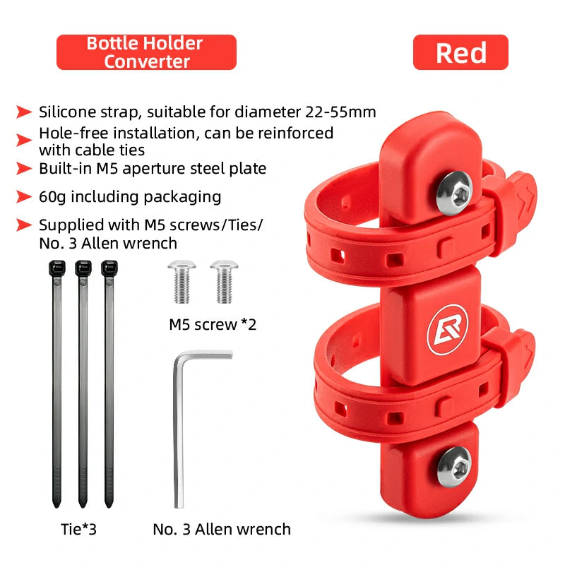 Red bottle holder converter with features listed on a white background  #Color_Red