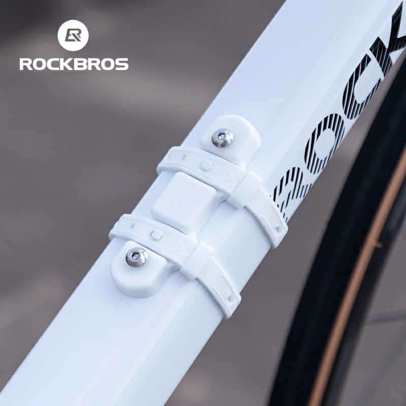 Close-up of a white bicycle frame with 'RockBros' branding.
