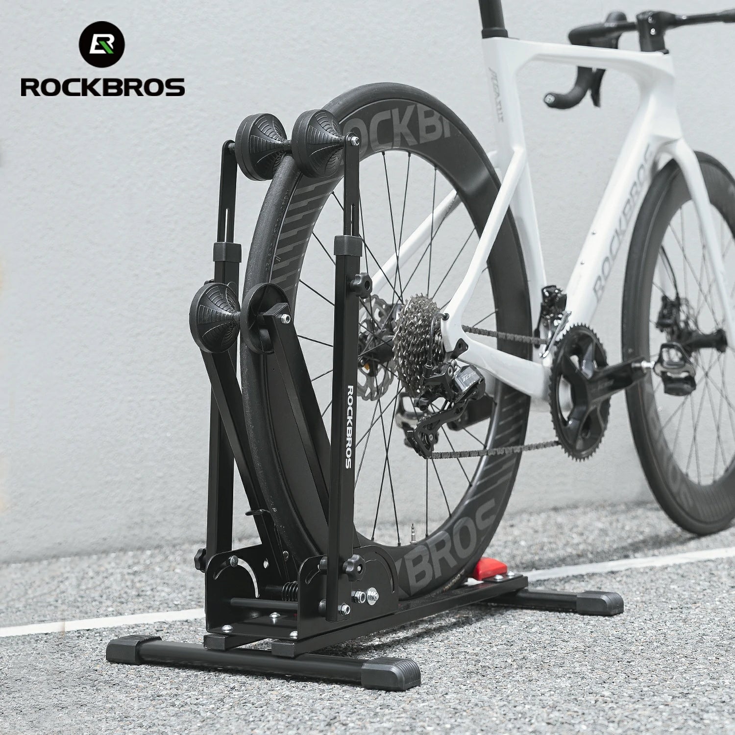 Bicycle on a stationary trainer with RockBros branding.