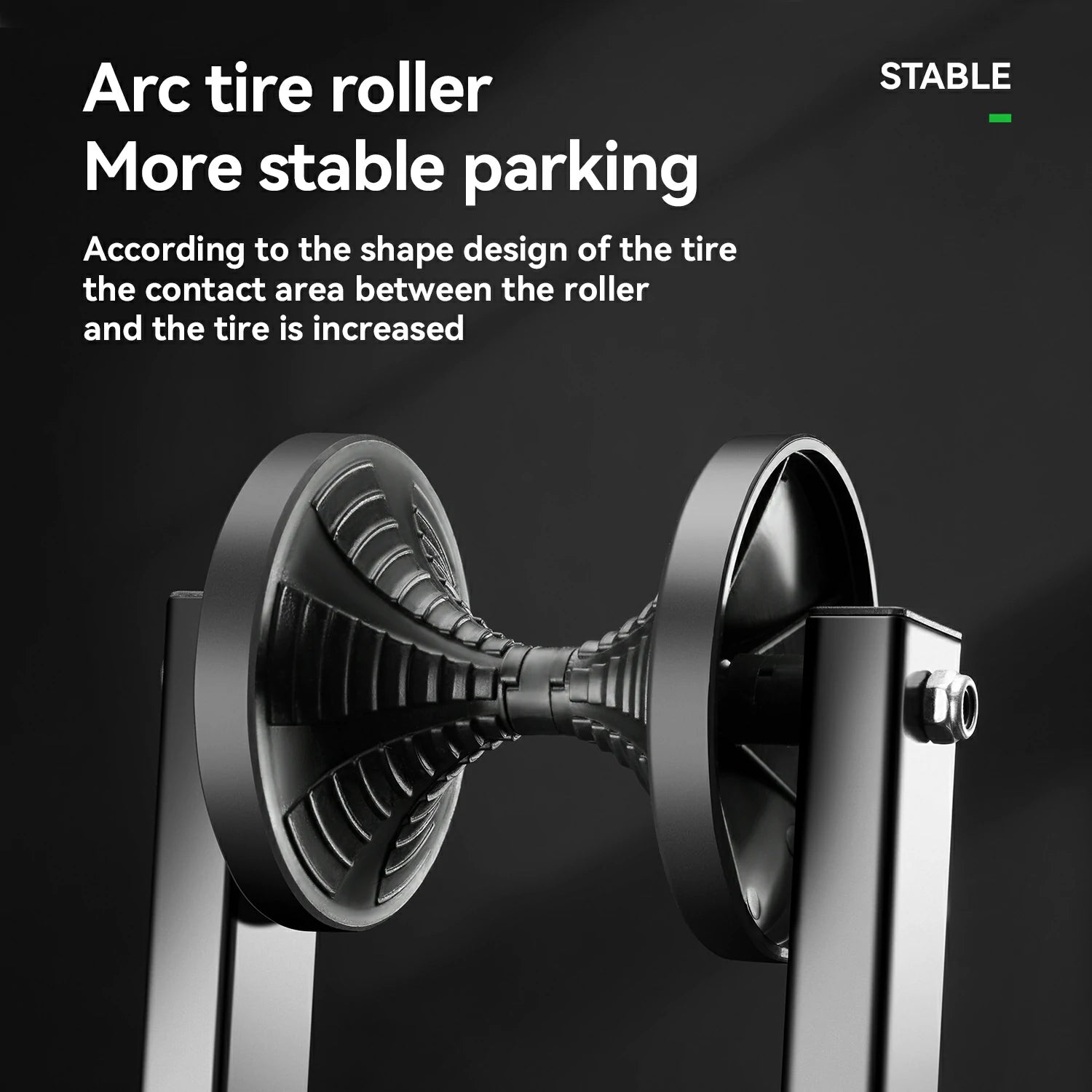 Arc tire roller with text on a black background