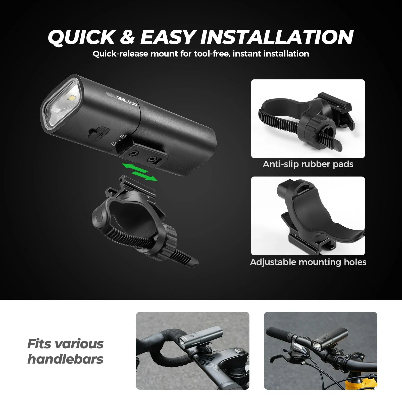 ROCKBROS bike front light 950 lumens removable battery anti-glare