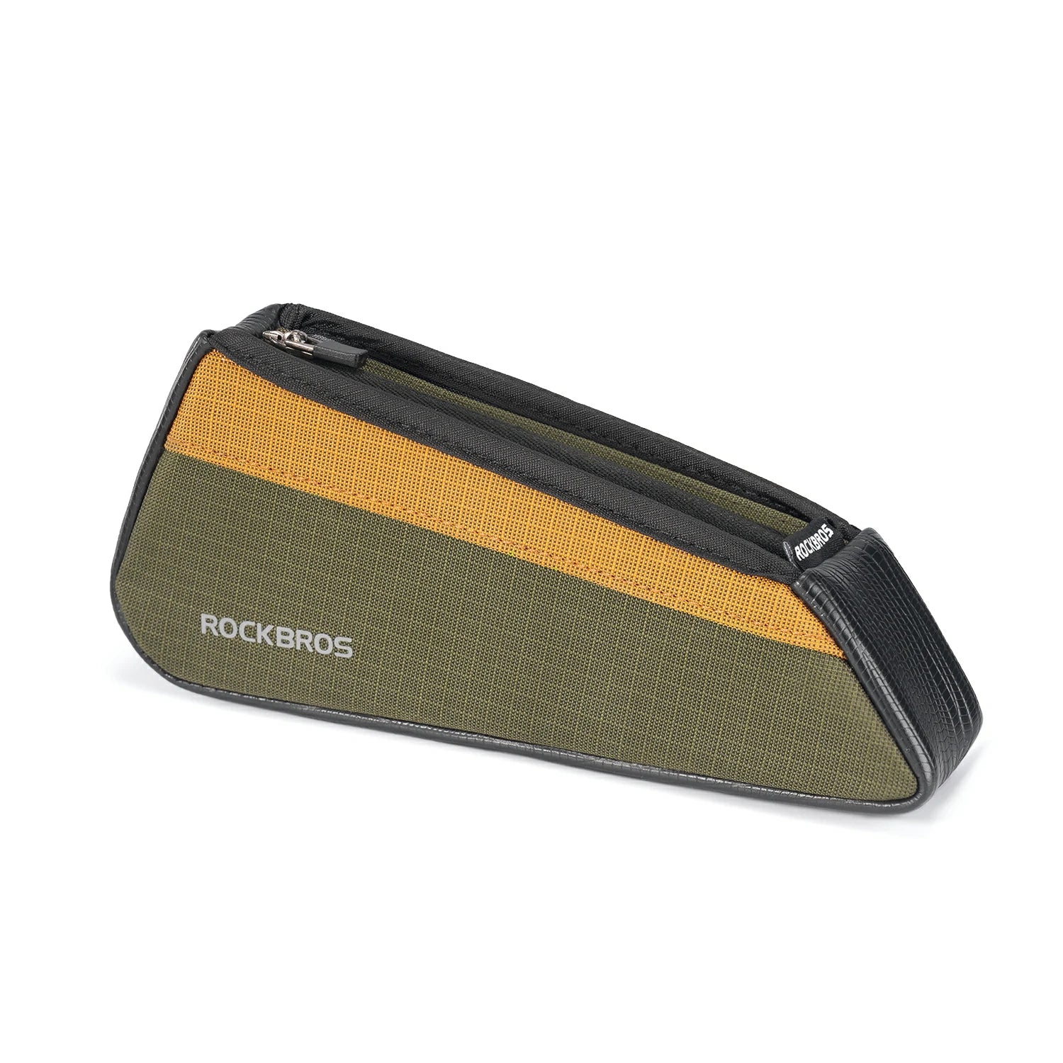 A Rockbros bicycle fuel pack in olive green and mustard yellow with black trim, shown on a clean white background.
