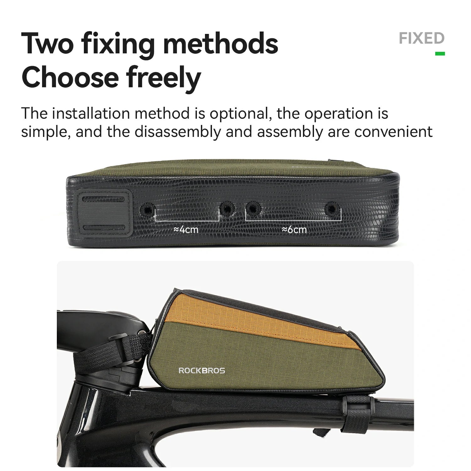 Text explaining two bicycle frame mounting options for a RockBros saddle bag, with a top-down view of the bag on a black frame and a lower photo showing the bag installed on a bike frame.