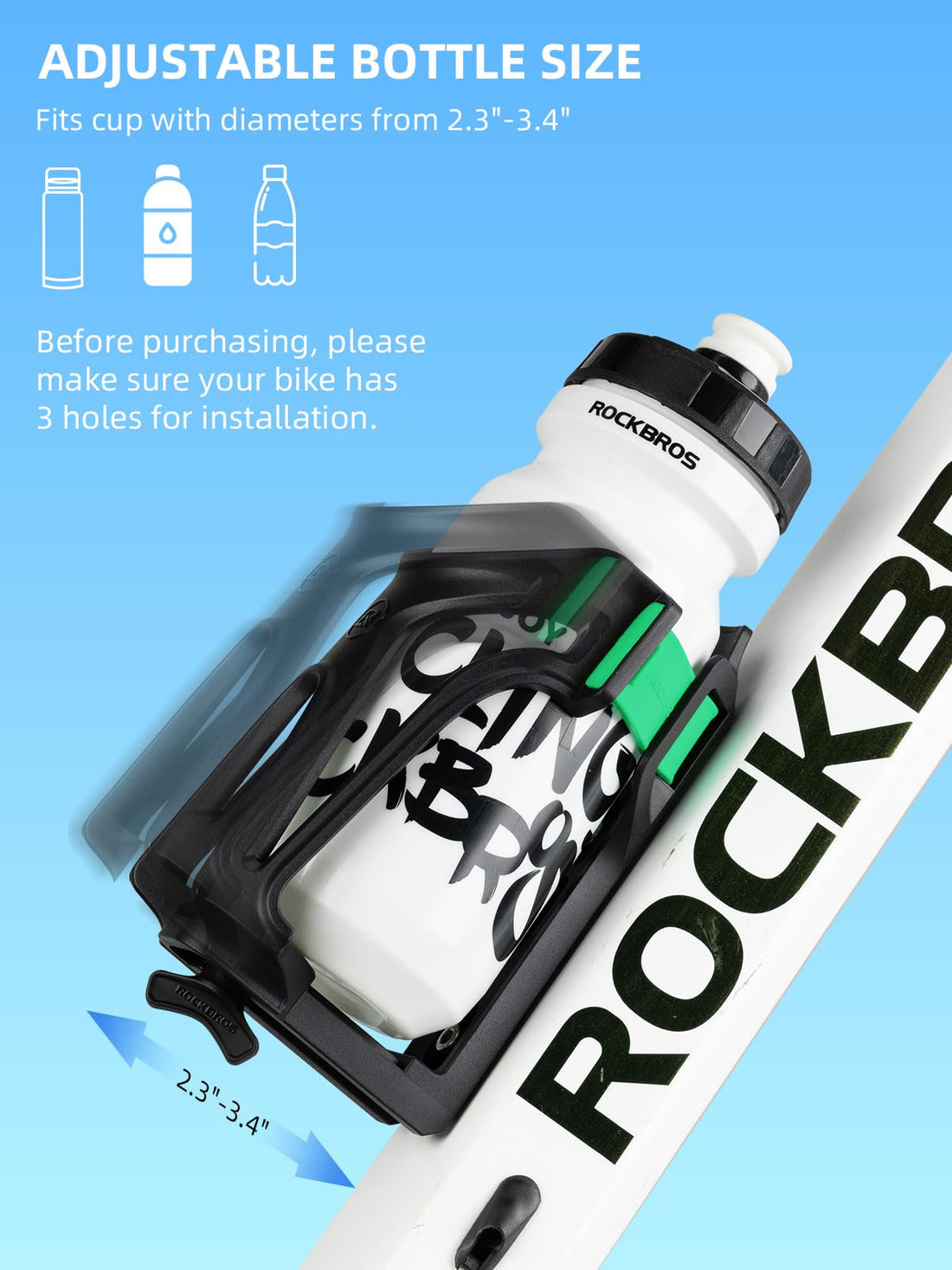 ROCKBROS Adjustable Water Bottle Holder for 2.3-3" Bottles, Bike & Motorcycle Mount