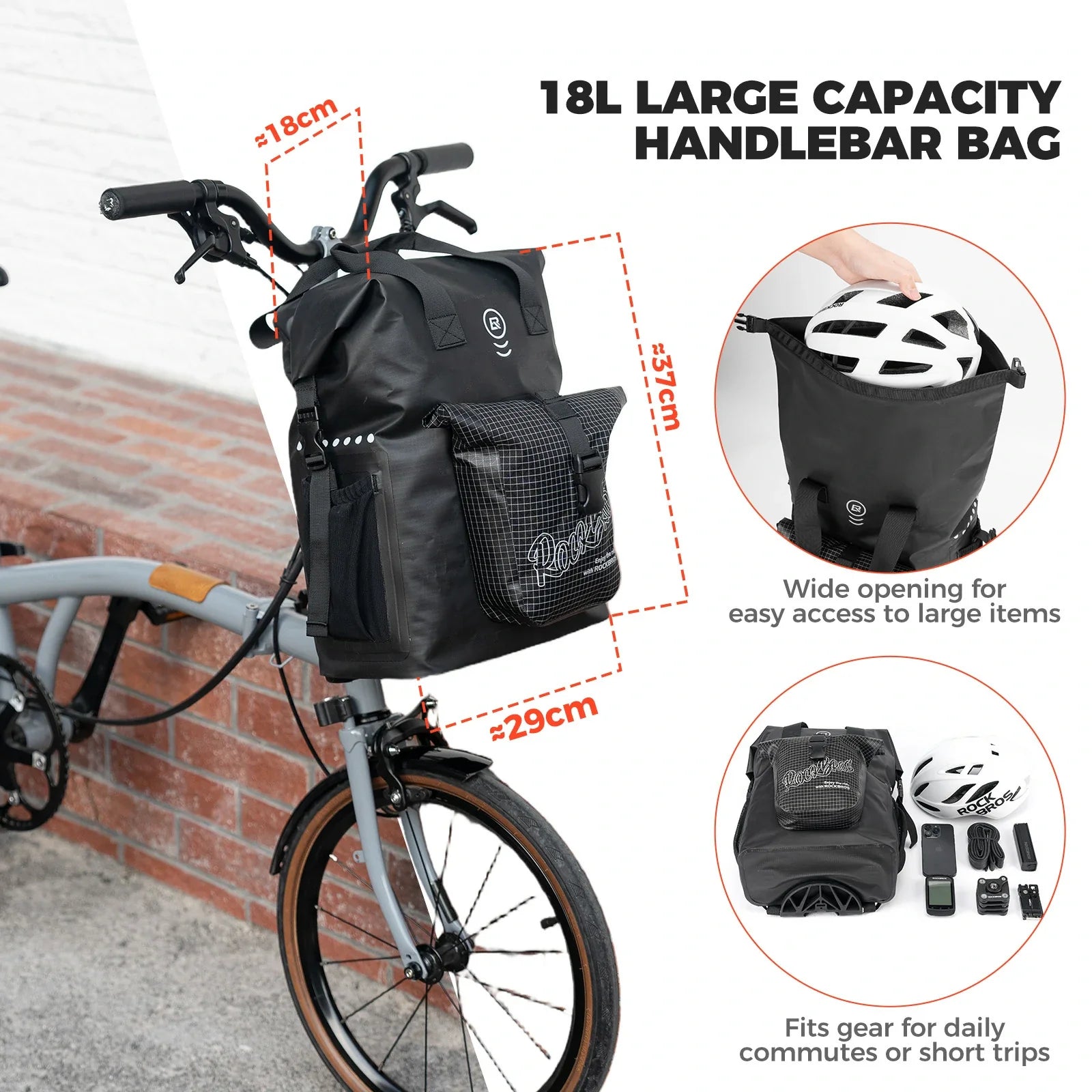 ROCKBROS bike handlebar bag for folding bike 18l