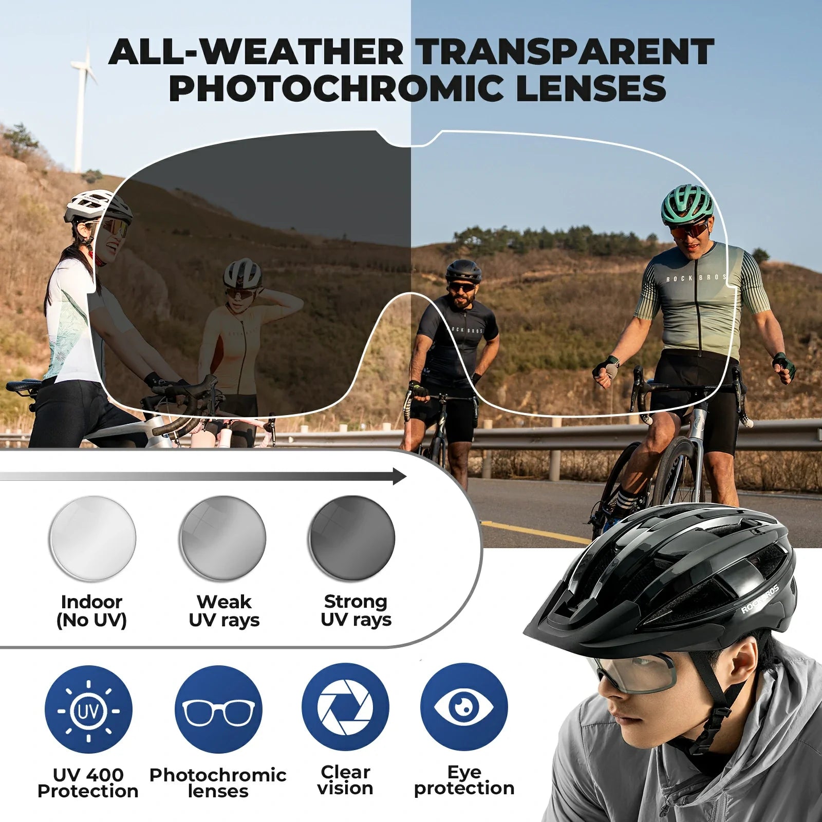 Helmet for cycling with photochromic visor and USB light