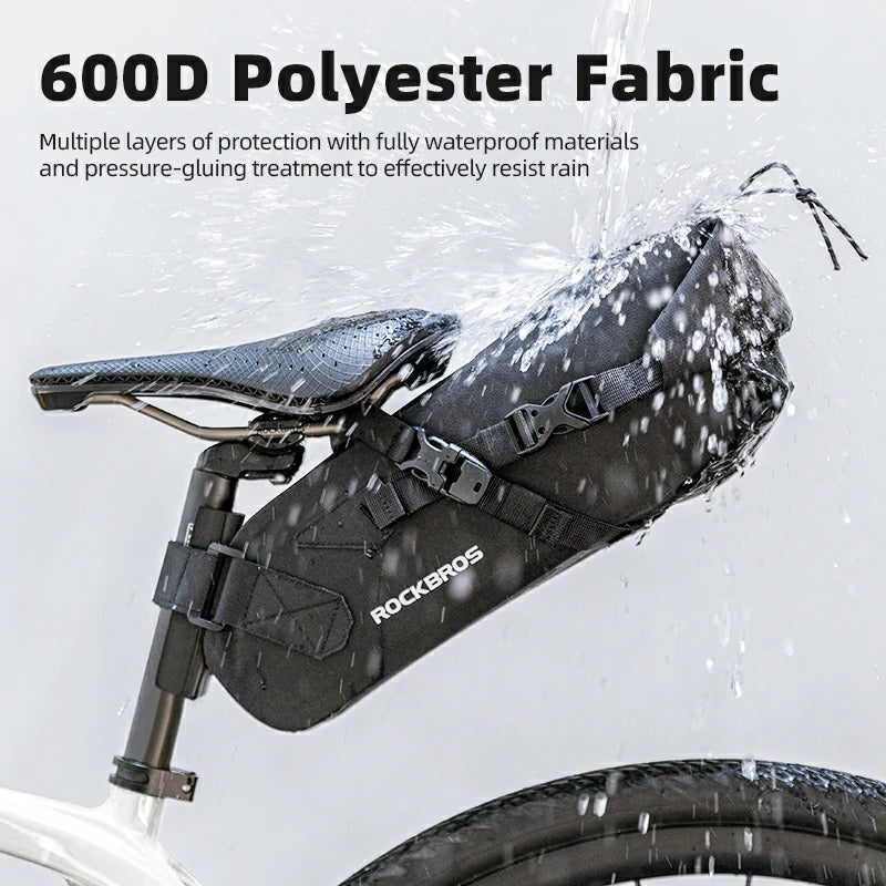 Bicycle seat bag with 600D polyester fabric, water resistance, and RockBros branding.