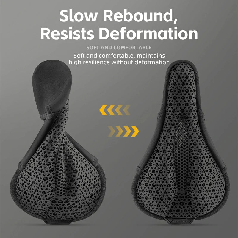 Black bicycle seat with text highlighting its properties on a gray background