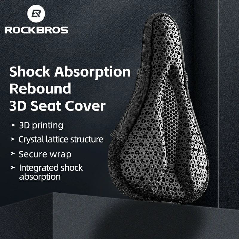 3D printed bicycle seat cover with text highlighting features on a dark background