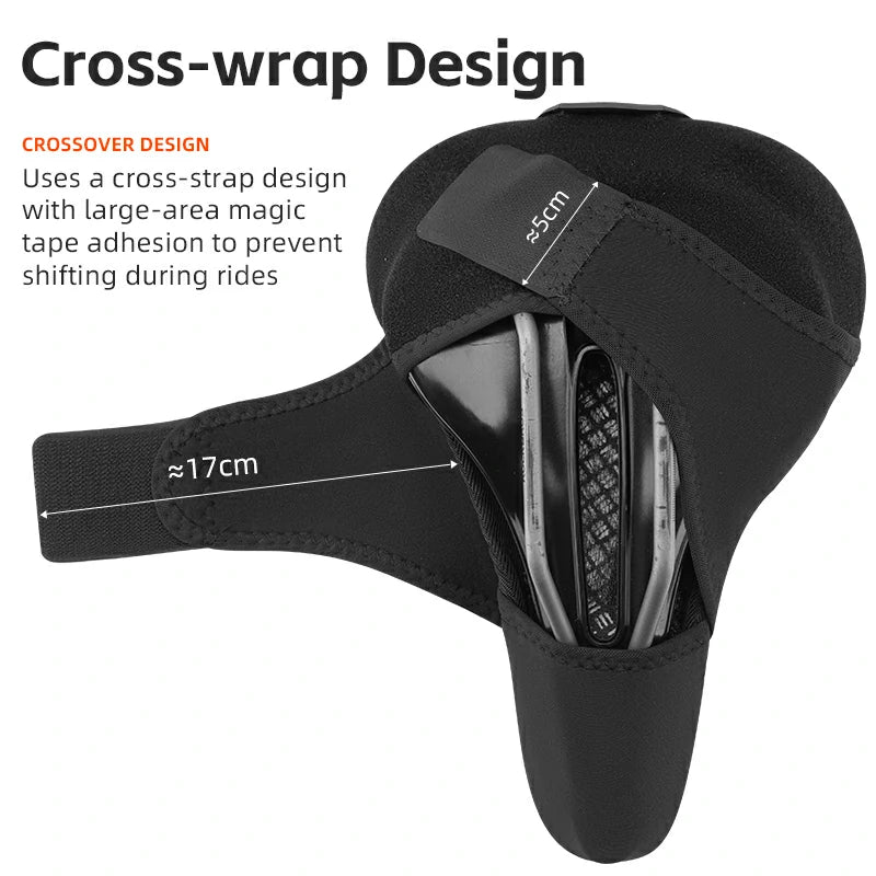 Black cross-wrap design with text explaining its features on a white background