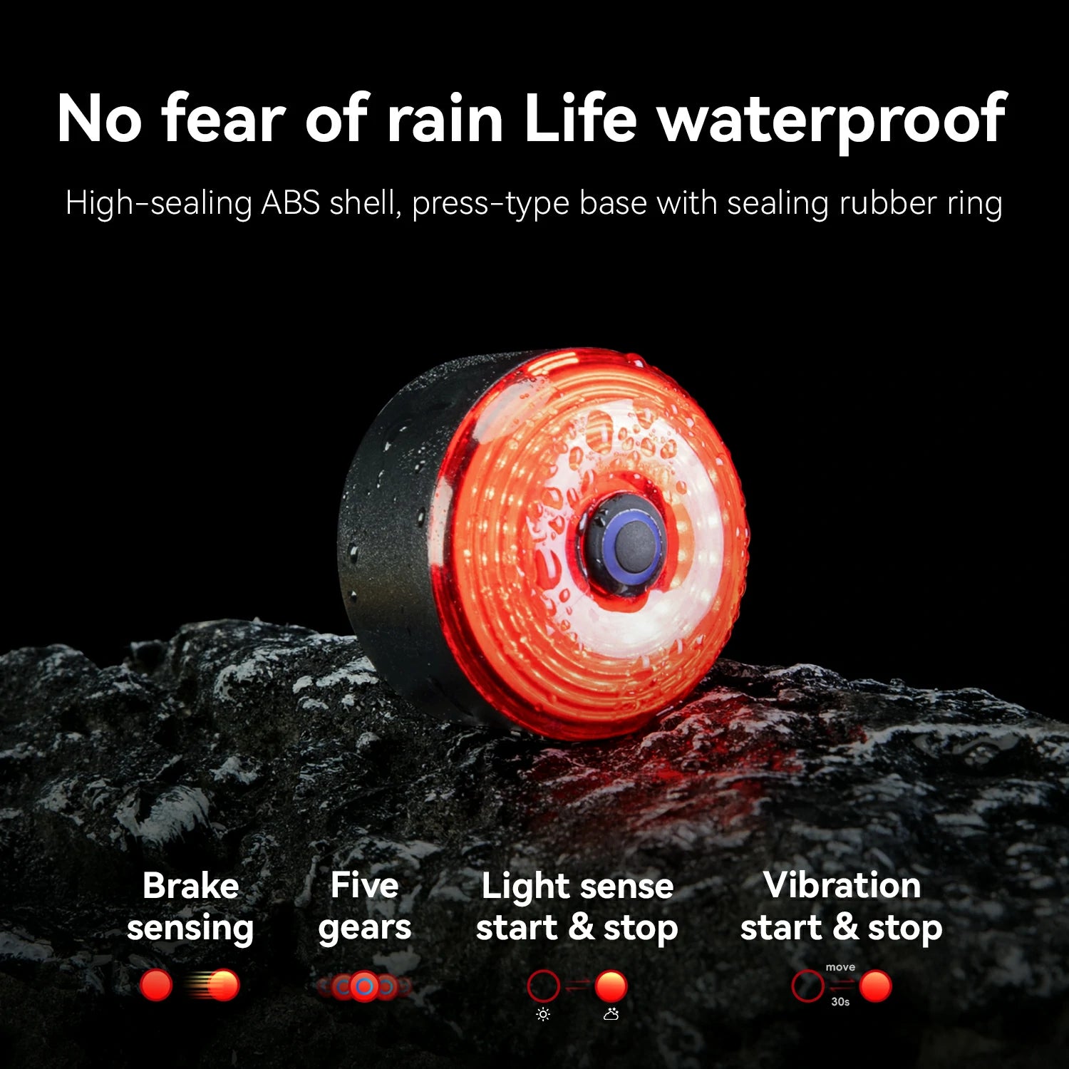  light device on a dark surface with water droplets, featuring text about its waterproof and feature capabilities.