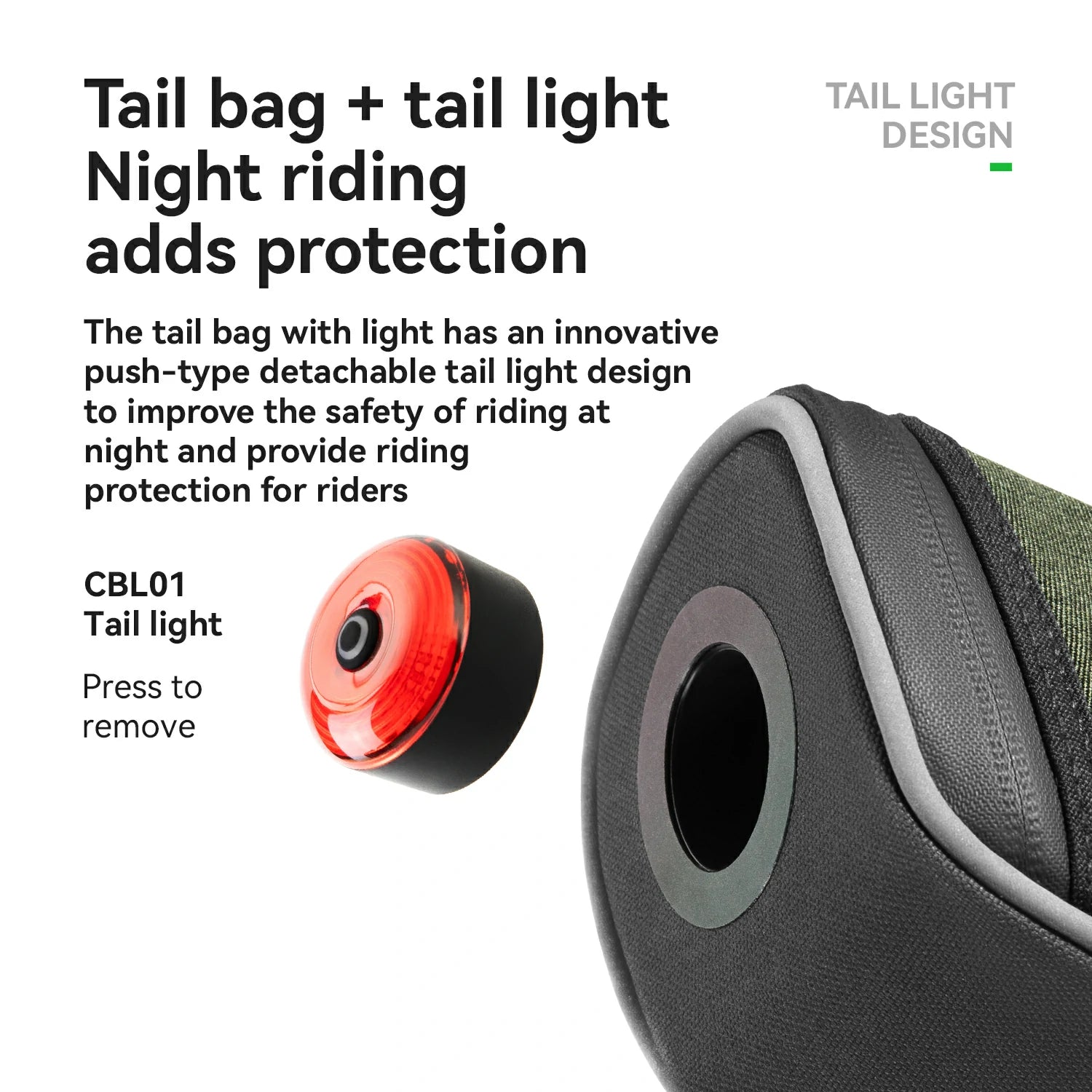Tail bag with detachable tail light for night riding safety on a white background