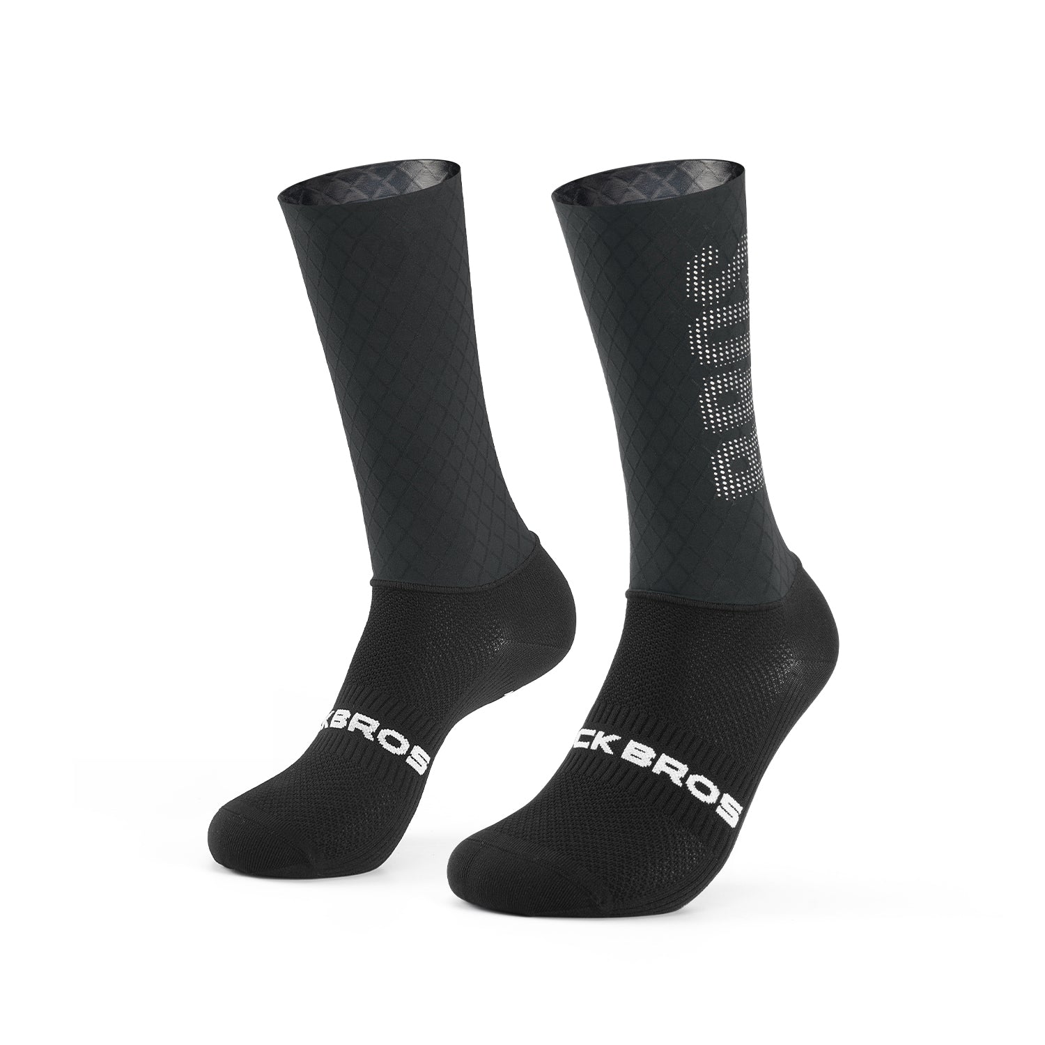 Pair of black socks with 'Black Bros' branding on a white background #color_Black Mesh - Silver Label